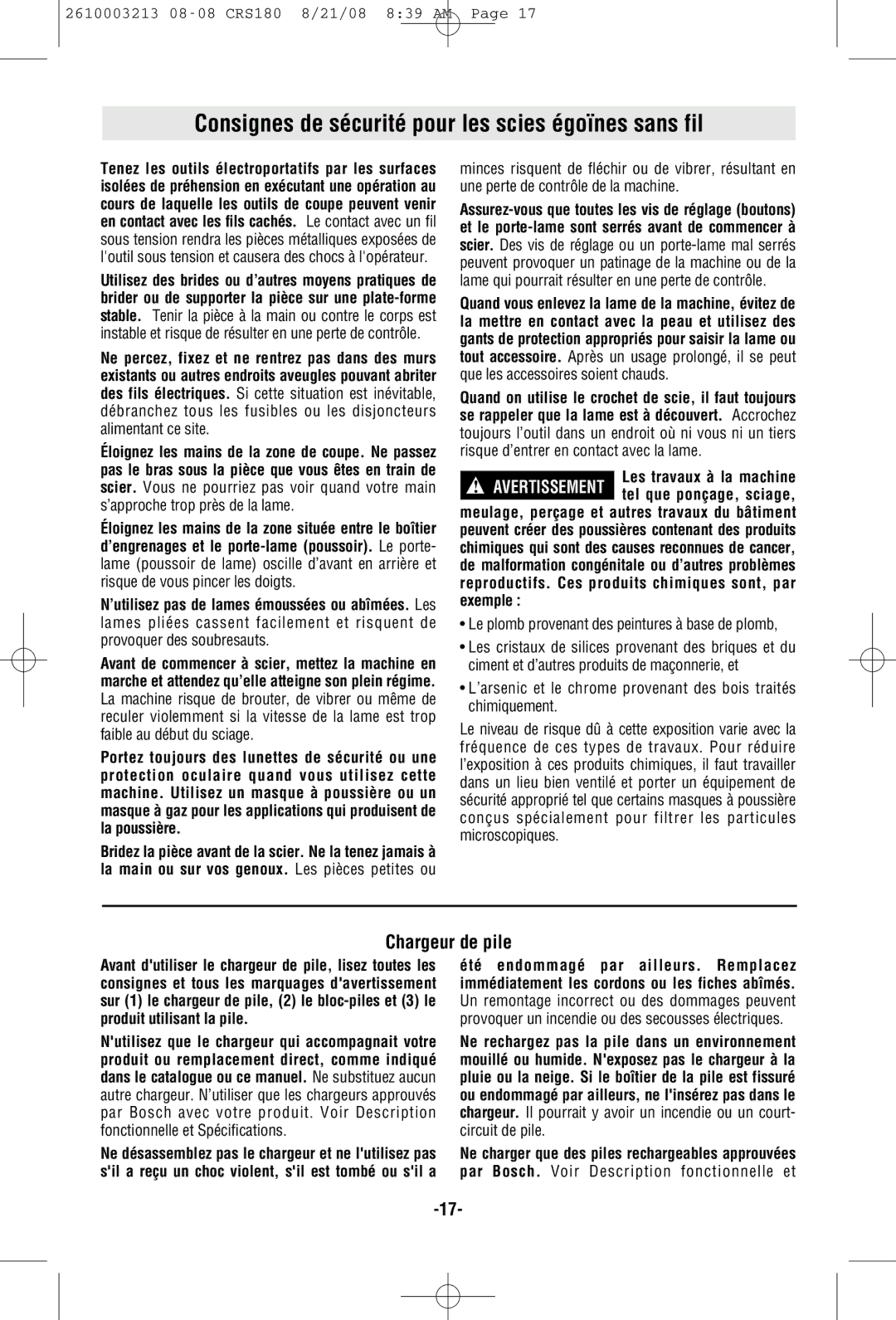 Bosch Power Tools CRS180 manual Consignes de sécurité pour les scies égoïnes sans fil, Chargeur de pile 