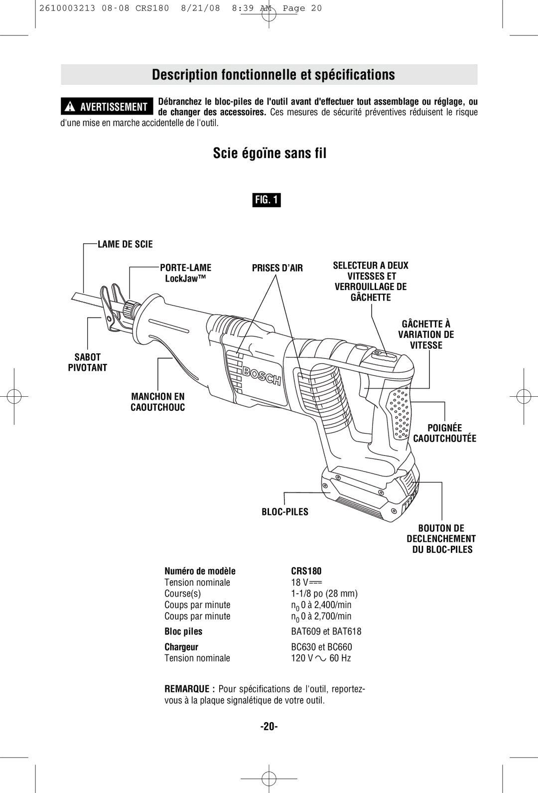 Bosch Power Tools CRS180 manual Description fonctionnelle et spécifications, Scie égoïne sans fil 