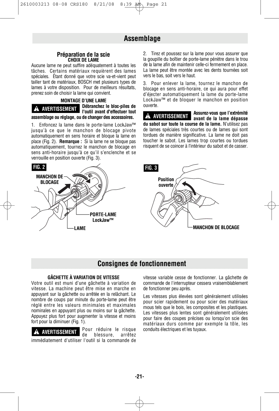 Bosch Power Tools CRS180 manual Assemblage, Consignes de fonctionnement, Préparation de la scie 