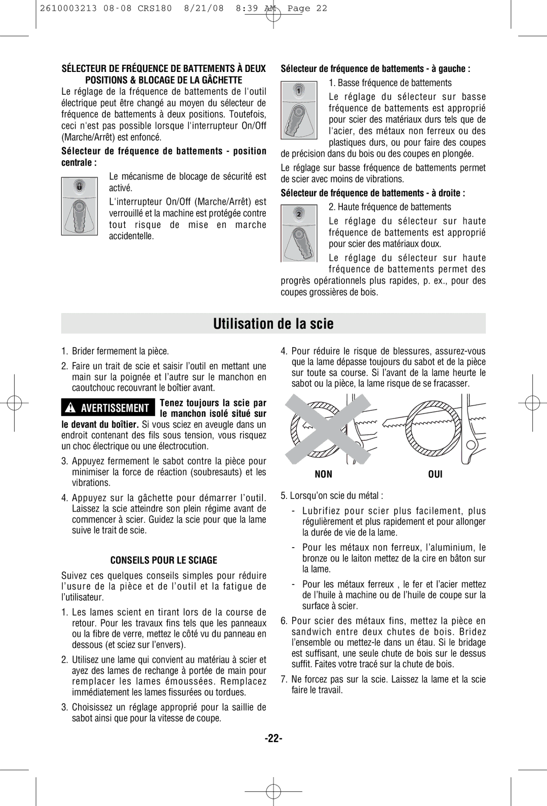 Bosch Power Tools CRS180 manual Utilisation de la scie, Positions & Blocage DE LA Gâchette, Conseils Pour LE Sciage, Nonoui 