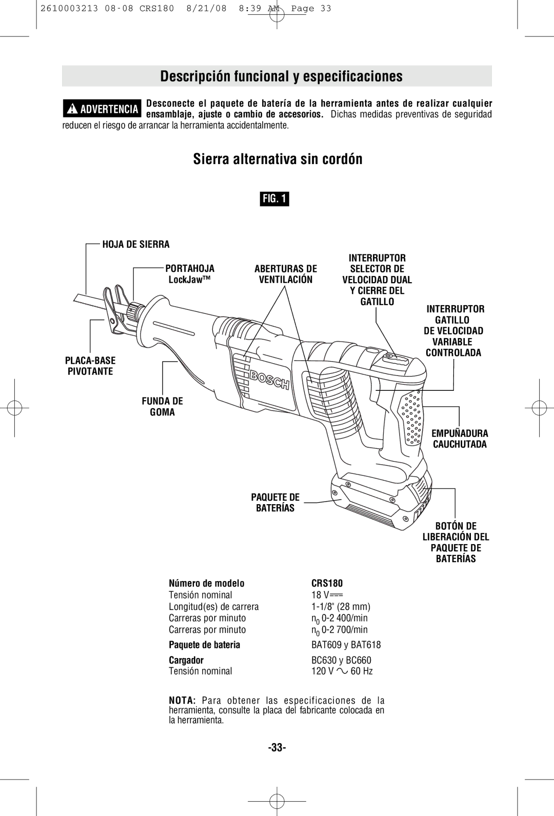 Bosch Power Tools CRS180 manual Descripción funcional y especificaciones, Sierra alternativa sin cordón, Hoja DE Sierra 