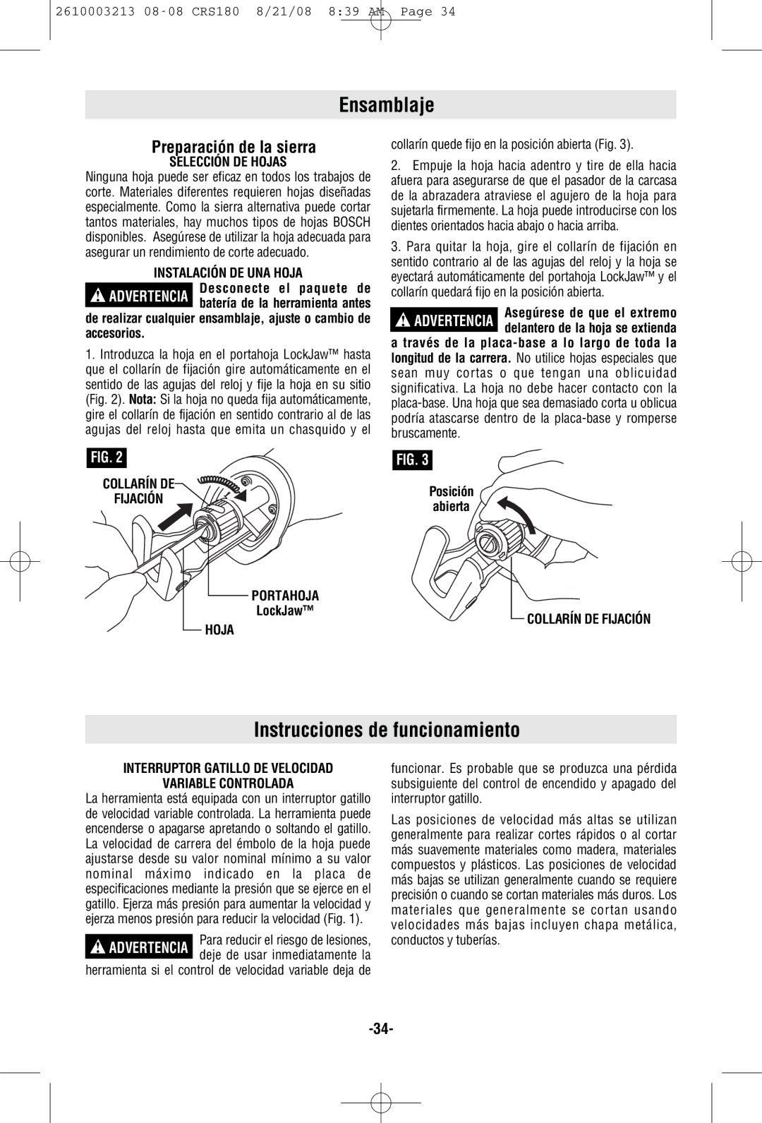 Bosch Power Tools CRS180 manual Ensamblaje, Instrucciones de funcionamiento, Preparación de la sierra 