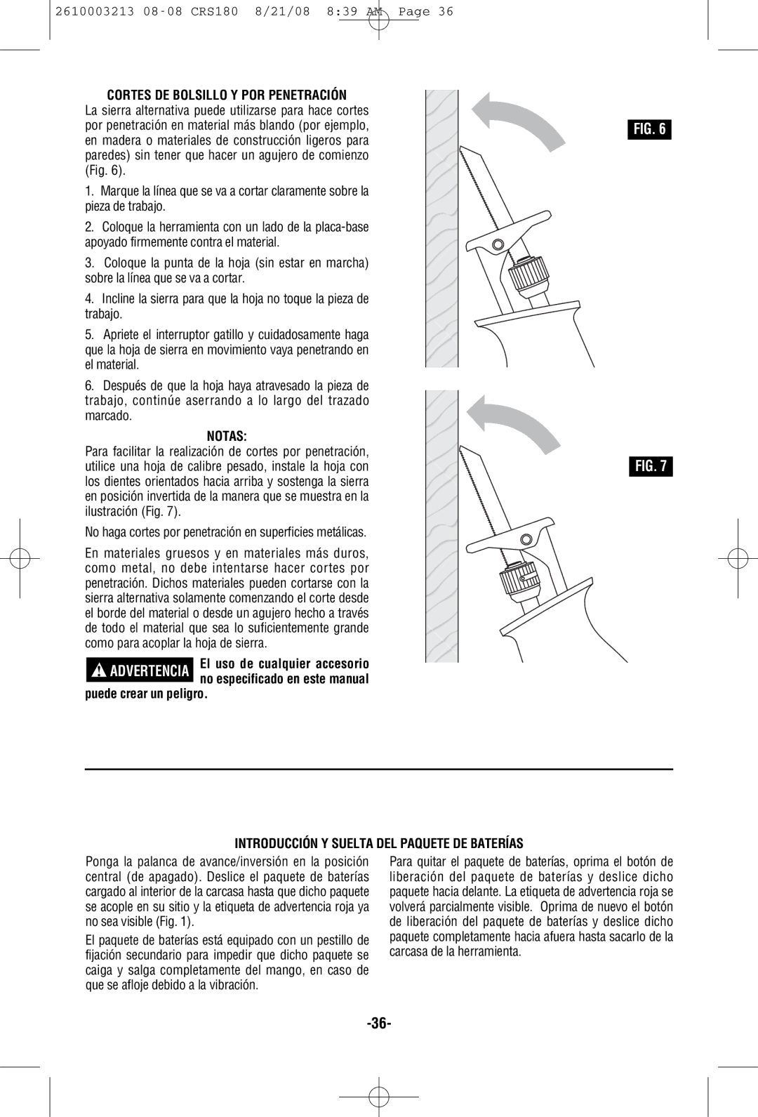 Bosch Power Tools CRS180 manual Cortes DE Bolsillo Y POR Penetración, Notas, Puede crear un peligro 