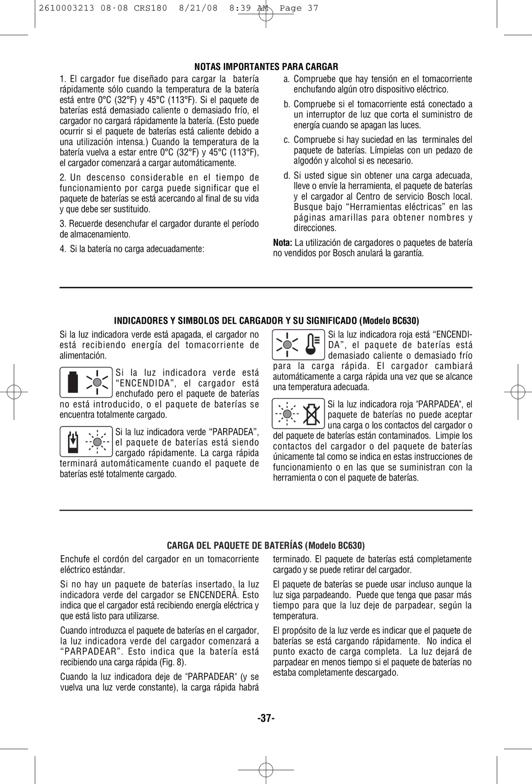 Bosch Power Tools CRS180 manual Notas Importantes Para Cargar, Carga DEL Paquete DE Baterías Modelo BC630 