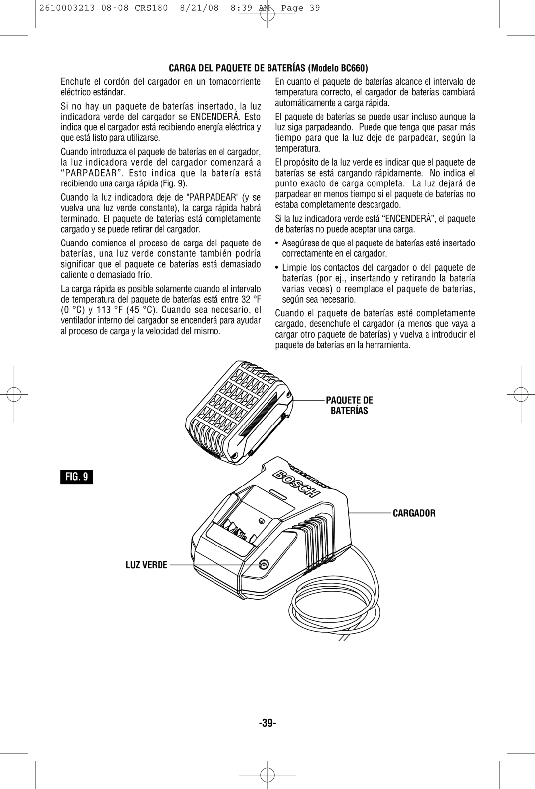 Bosch Power Tools CRS180 manual Carga DEL Paquete DE Baterías Modelo BC660, Paquete DE Baterías Cargador LUZ Verde 