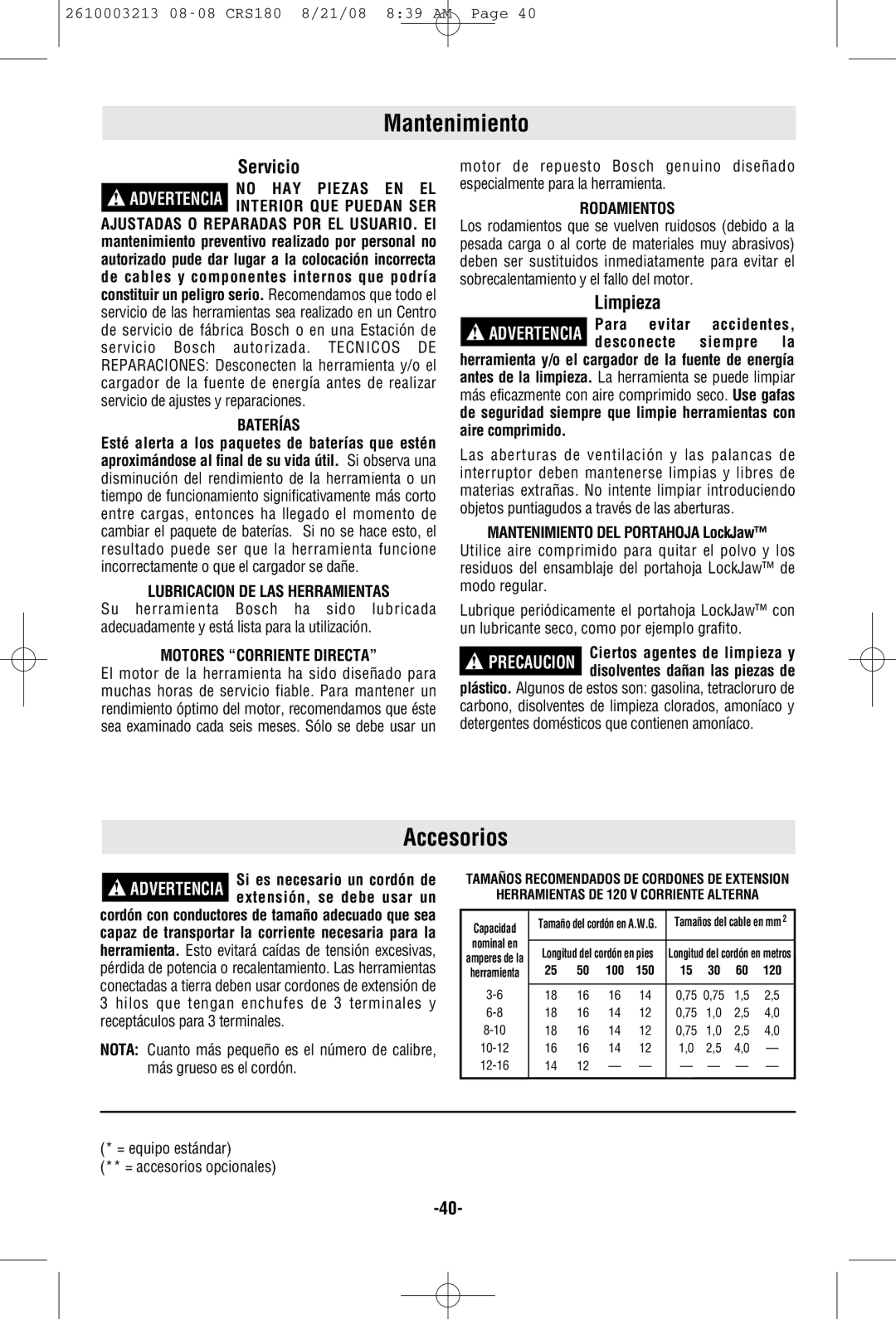 Bosch Power Tools CRS180 manual Mantenimiento, Accesorios, Servicio, Limpieza 