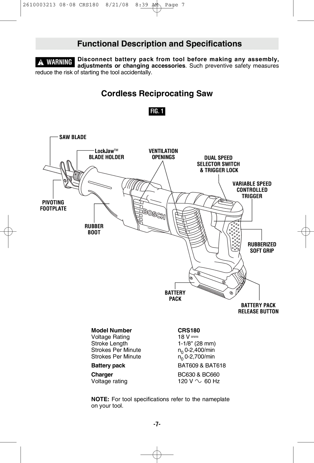 Bosch Power Tools CRS180 manual Functional Description and Specifications, Cordless Reciprocating Saw, SAW Blade 