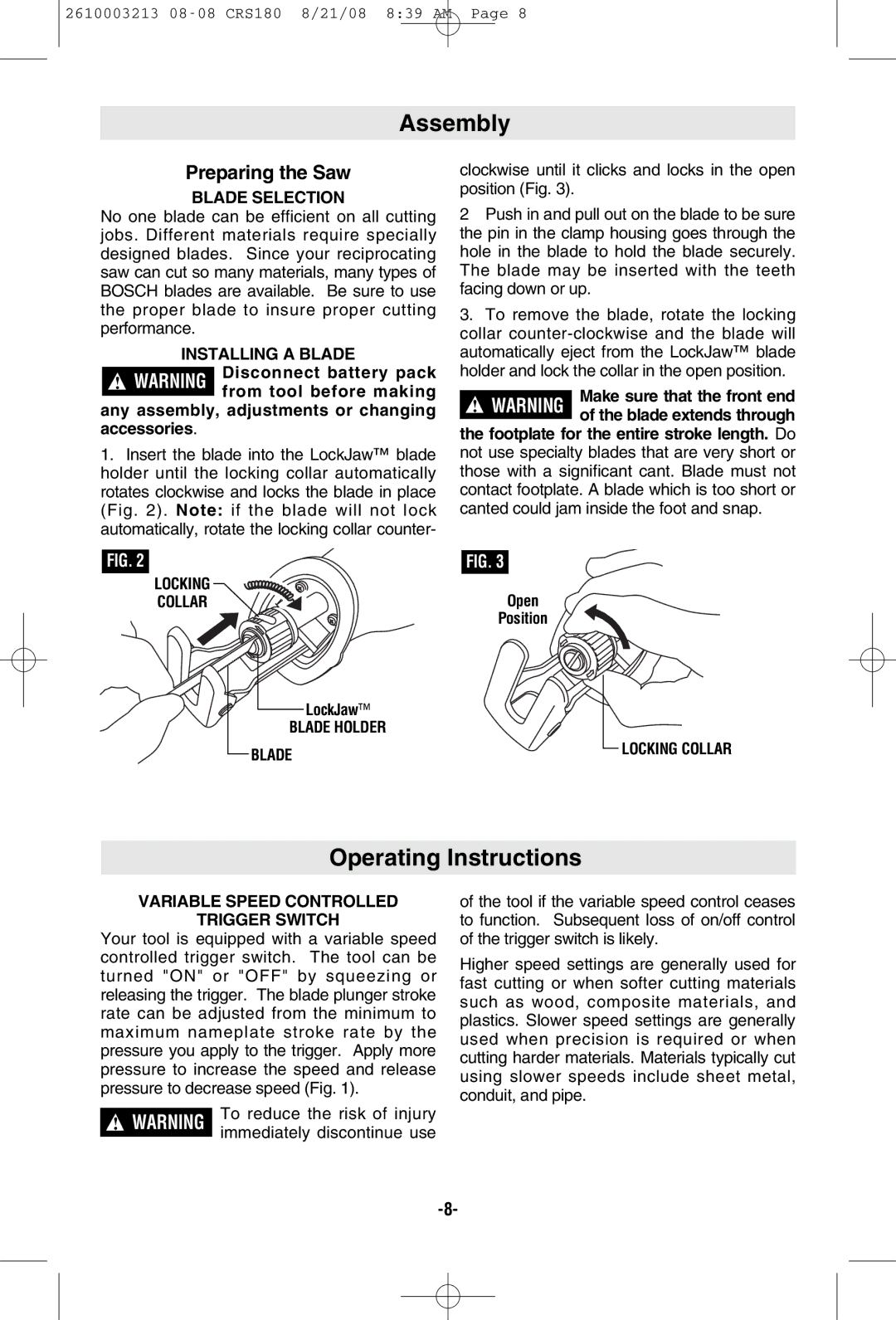 Bosch Power Tools CRS180 manual Assembly, Operating Instructions, Preparing the Saw 