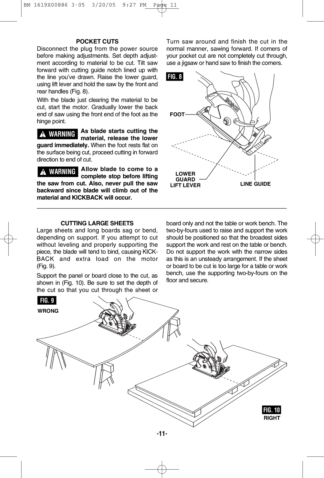 Bosch Power Tools CS10 manual Pocket Cuts, Cutting Large Sheets, Foot Lower Guard, Wrong Right 