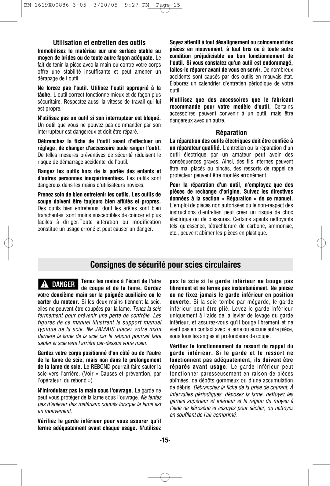 Bosch Power Tools CS10 manual Consignes de sécurité pour scies circulaires, Utilisation et entretien des outils, Réparation 