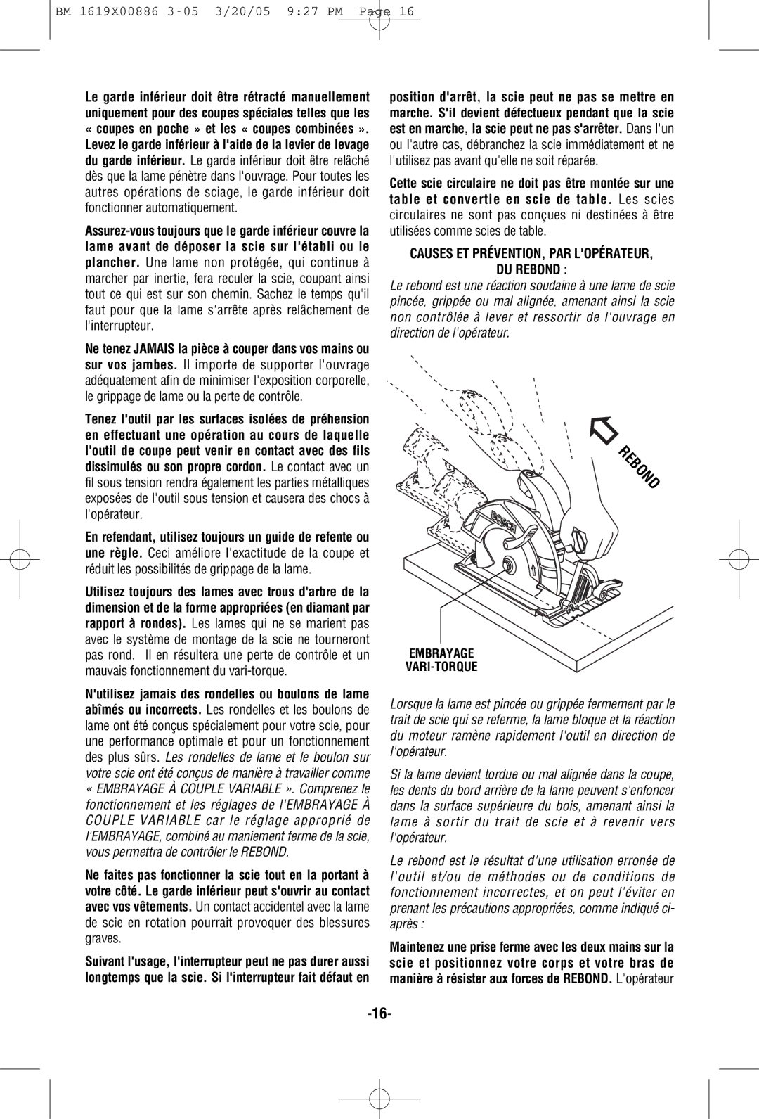 Bosch Power Tools CS10 manual Causes ET PRÉVENTION, PAR Lopérateur DU Rebond, Embrayage VARI-TORQUE 