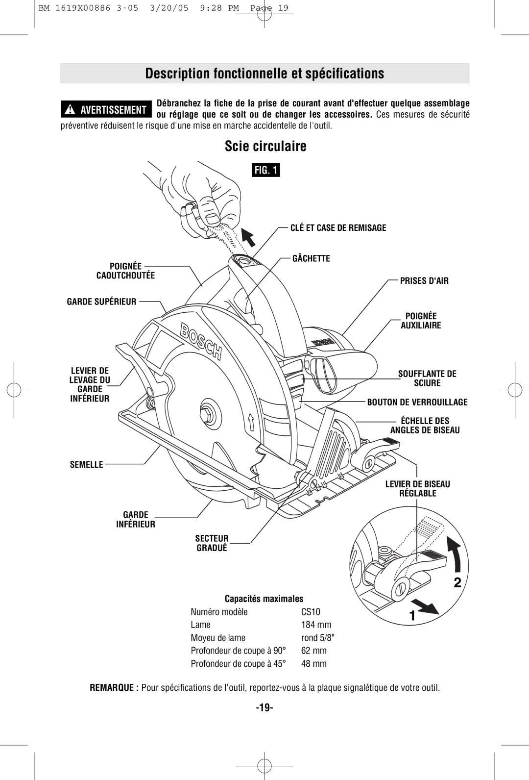 Bosch Power Tools CS10 manual Description fonctionnelle et spécifications, Scie circulaire, Capacités maximales, 62 mm 