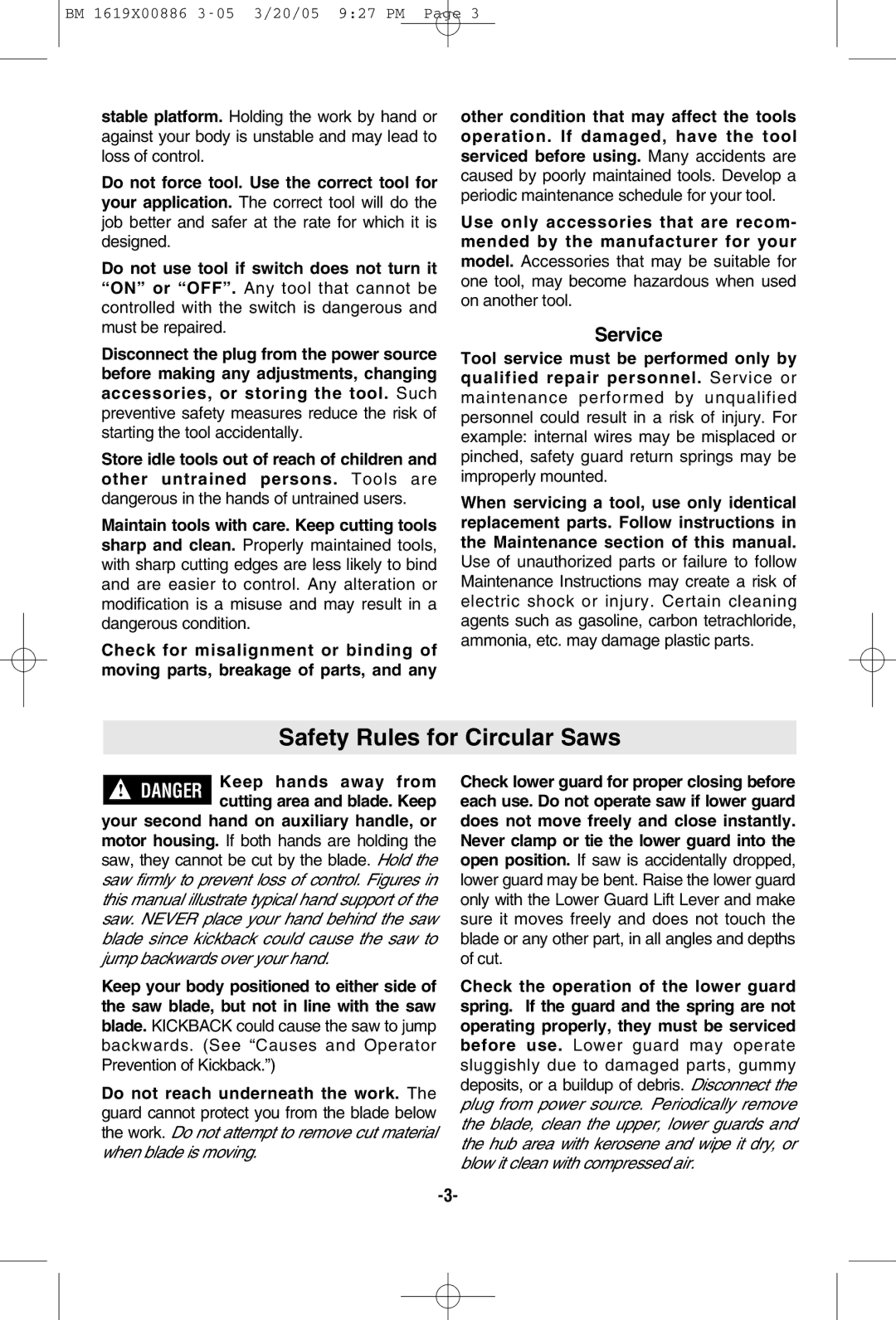 Bosch Power Tools CS10 manual Safety Rules for Circular Saws, Service 