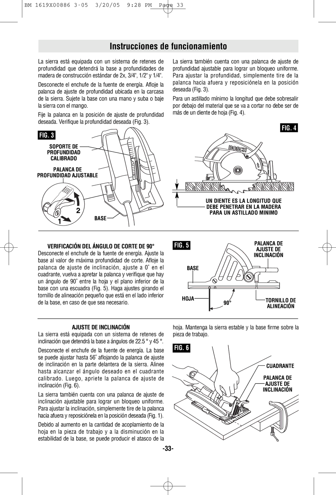 Bosch Power Tools CS10 manual Instrucciones de funcionamiento, Base Hoja Palanca DE Ajuste DE Inclinación 