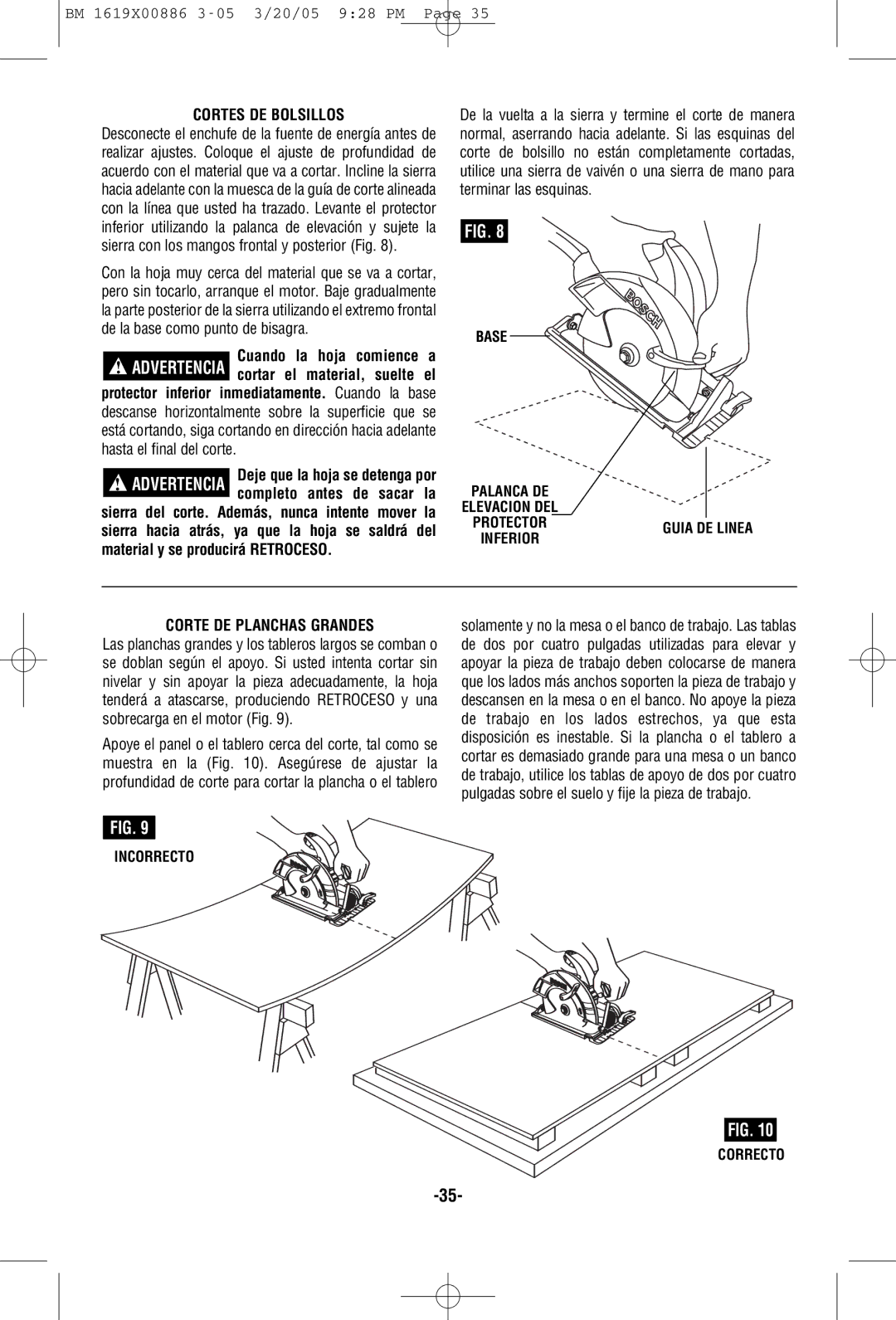 Bosch Power Tools CS10 manual Cortes DE Bolsillos, Corte DE Planchas Grandes, Incorrecto Correcto 