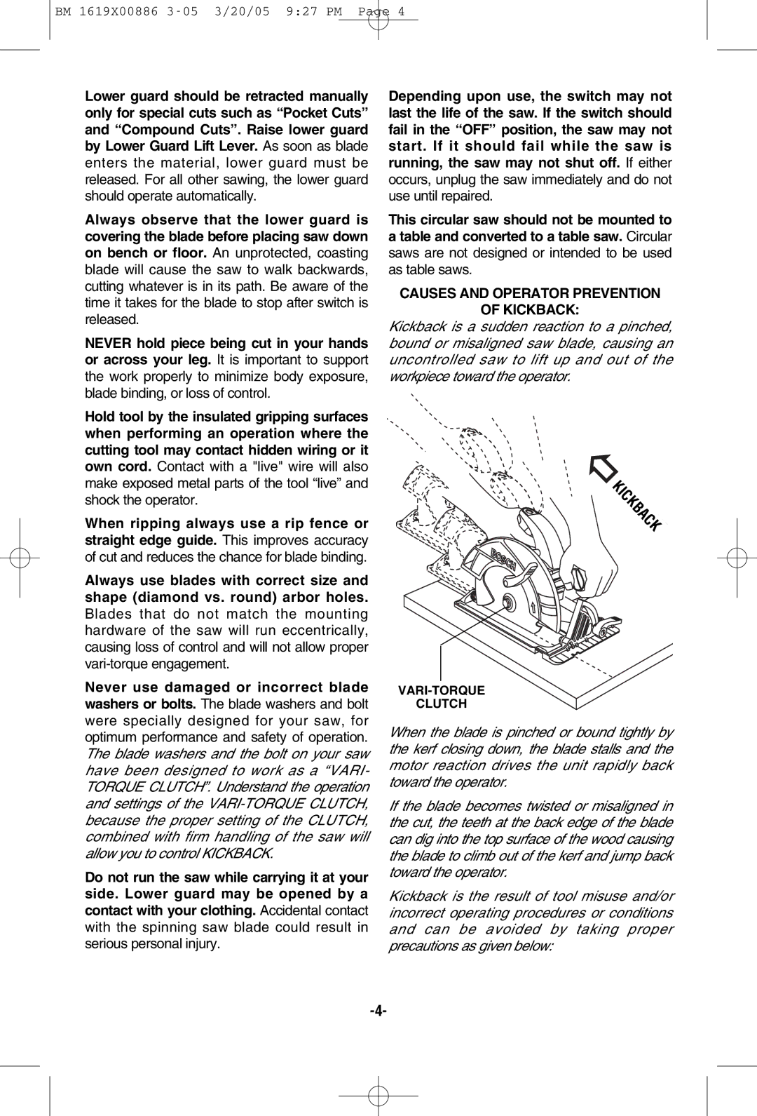 Bosch Power Tools CS10 manual Causes and Operator Prevention Kickback, VARI-TORQUE Clutch 