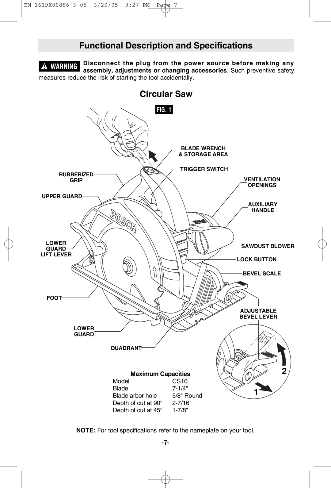 Bosch Power Tools CS10 manual Functional Description and Specifications, Circular Saw, Maximum Capacities 