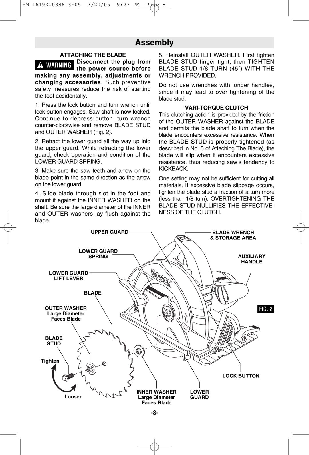 Bosch Power Tools CS10 manual Assembly, Attaching the Blade, VARI-TORQUE Clutch 