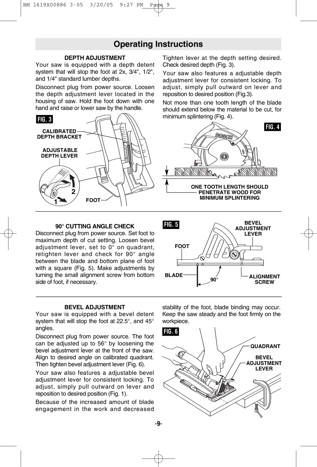 Bosch Power Tools CS10 manual Operating Instructions, Depth Adjustment, Cutting Angle Check, Bevel Adjustment 