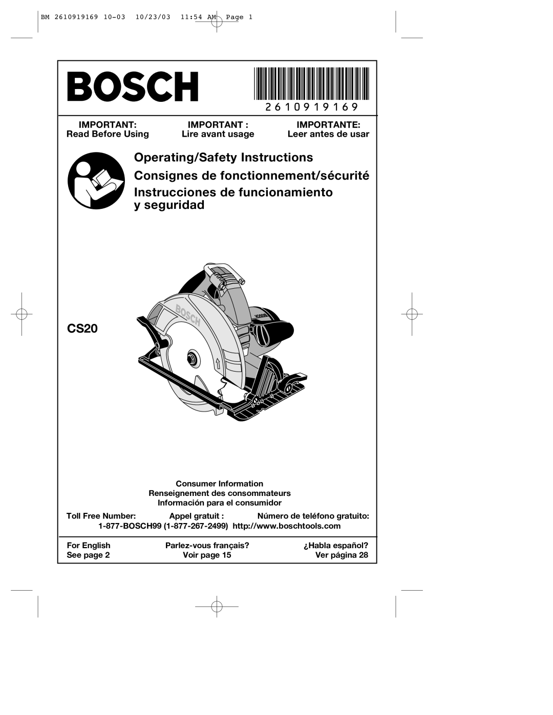 Bosch Power Tools CS20 manual 2610919169 