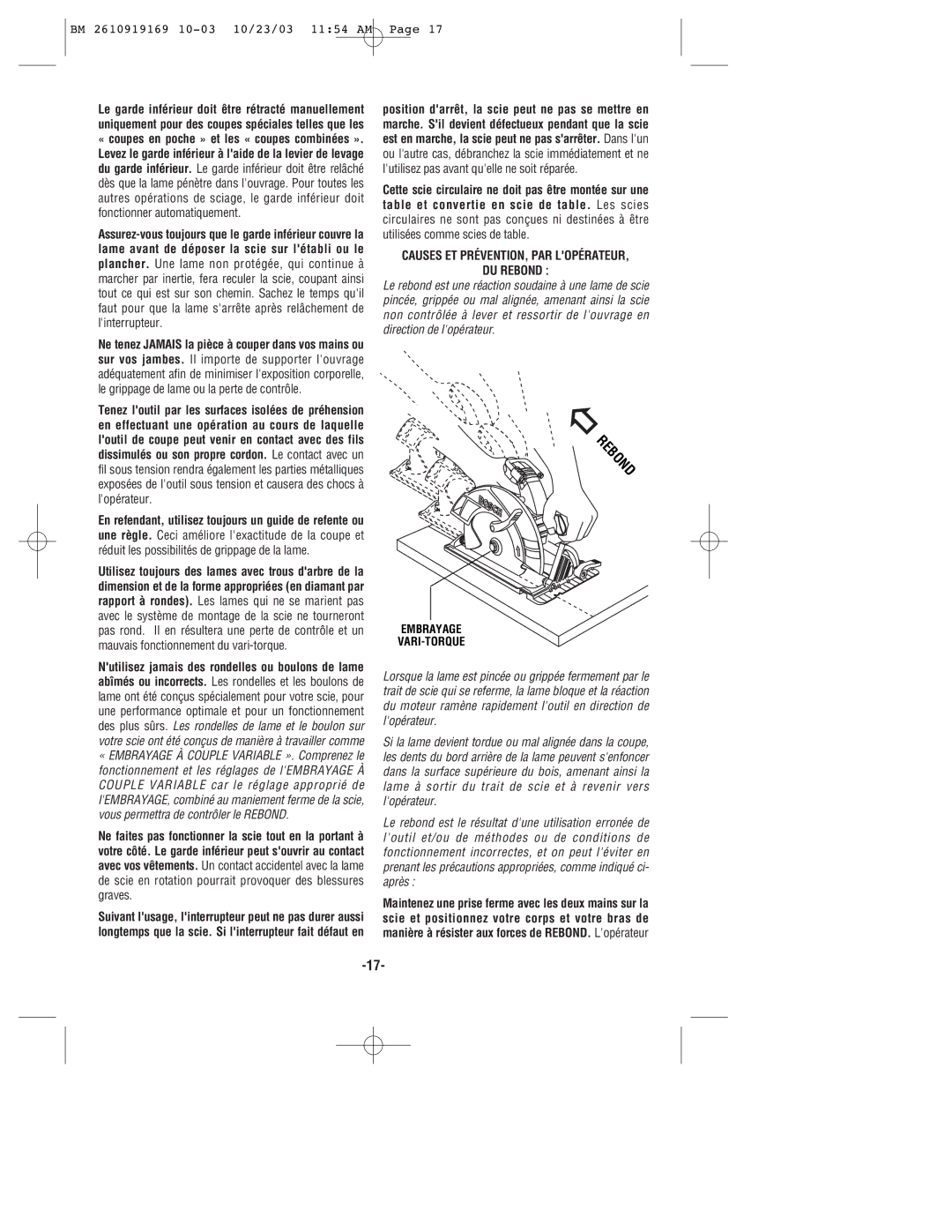 Bosch Power Tools CS20 manual Causes ET PRÉVENTION, PAR Lopérateur DU Rebond 