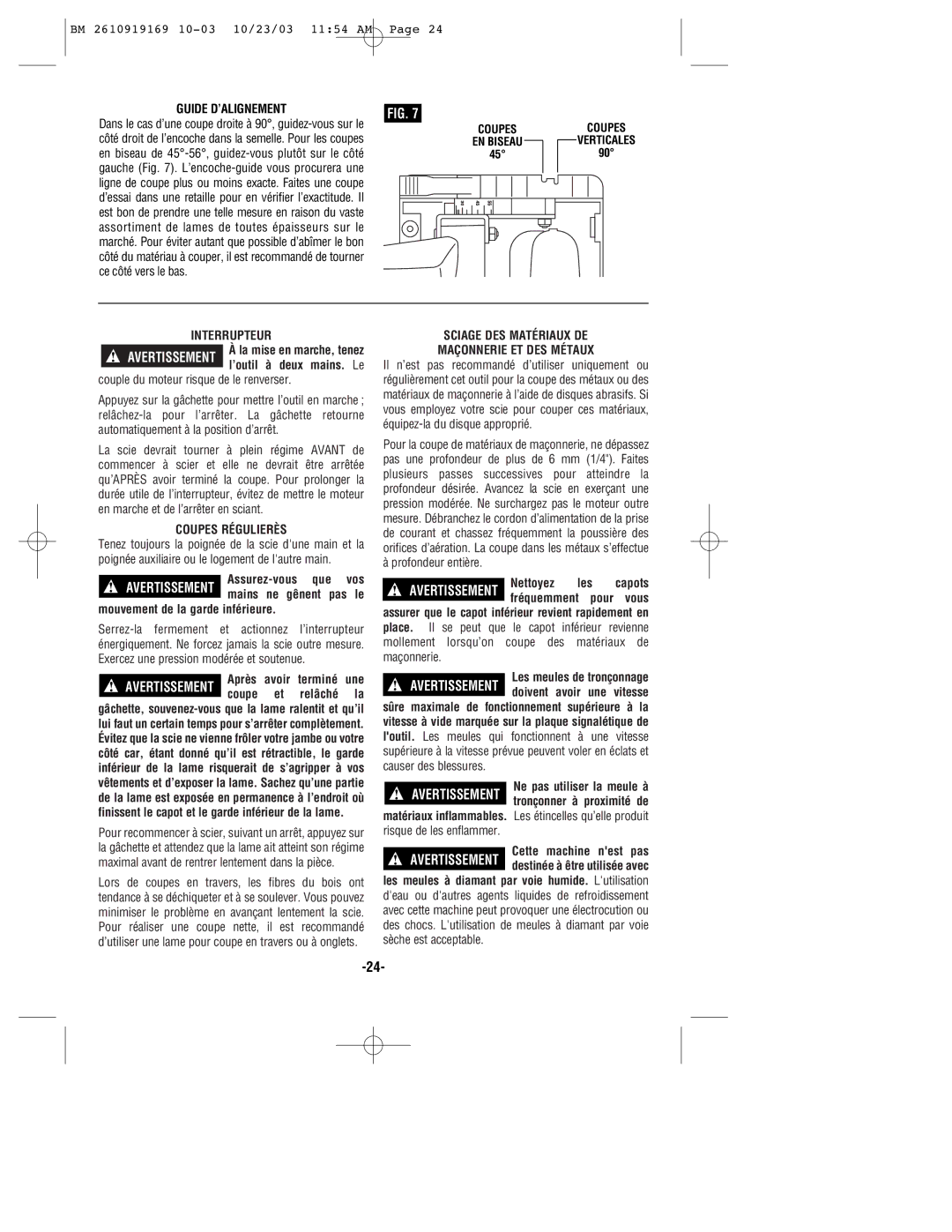 Bosch Power Tools CS20 manual Interrupteur, Coupes Régulierès, Sciage DES Matériaux DE Maçonnerie ET DES Métaux 