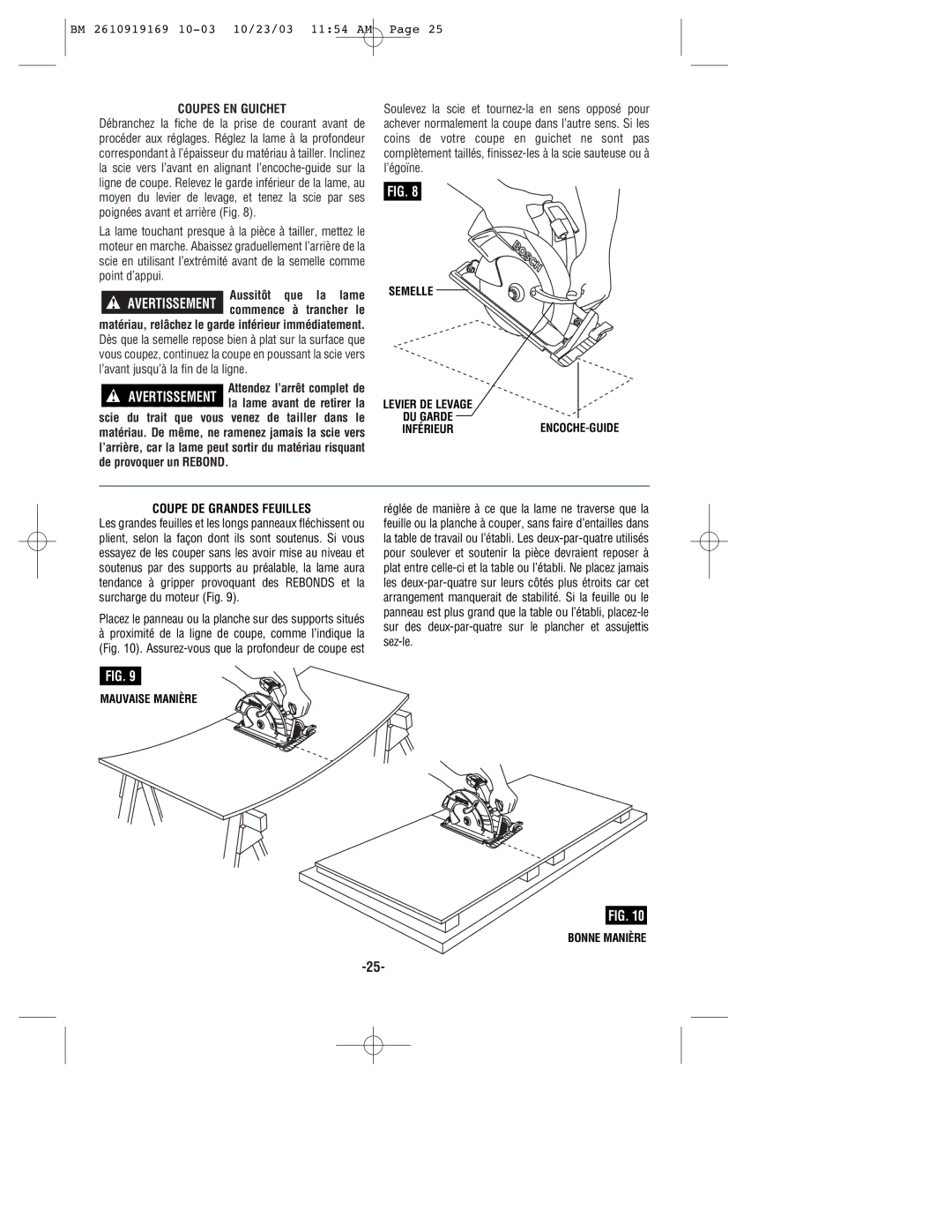 Bosch Power Tools CS20 manual Coupes EN Guichet, La lame, Coupe DE Grandes Feuilles 