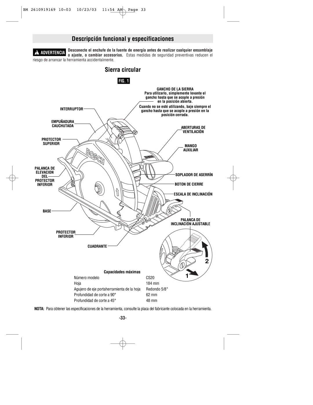 Bosch Power Tools CS20 manual Descripción funcional y especificaciones, Sierra circular 