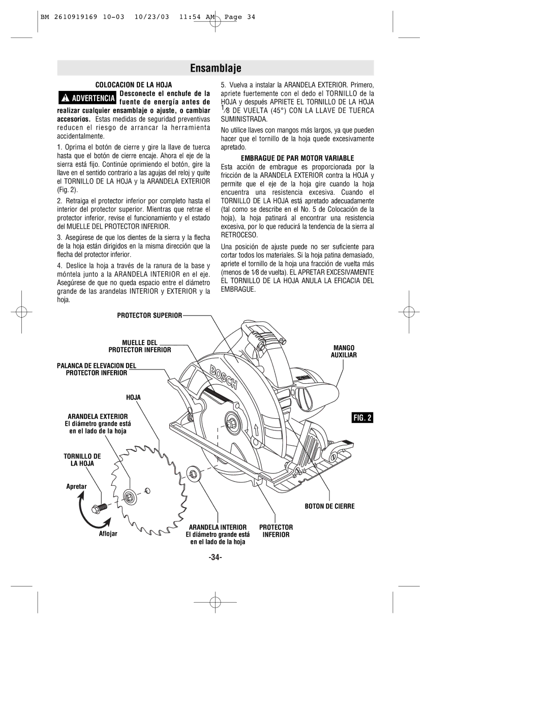 Bosch Power Tools CS20 manual Ensamblaje, Embrague DE PAR Motor Variable 