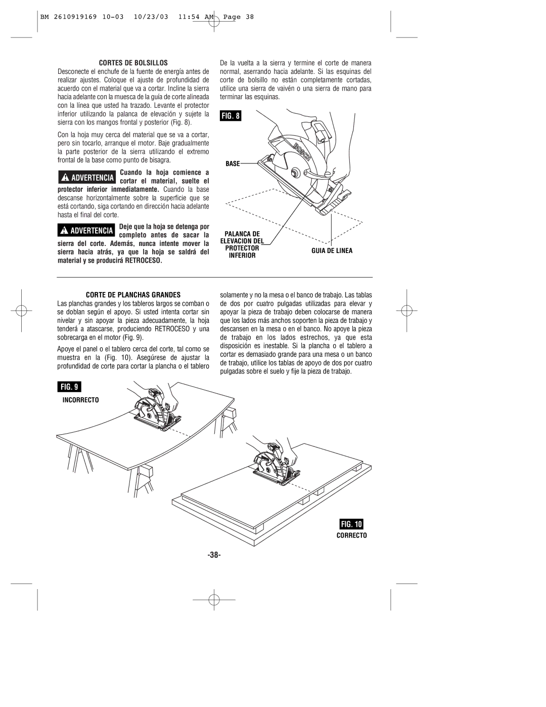 Bosch Power Tools CS20 manual Cortes DE Bolsillos, Corte DE Planchas Grandes 