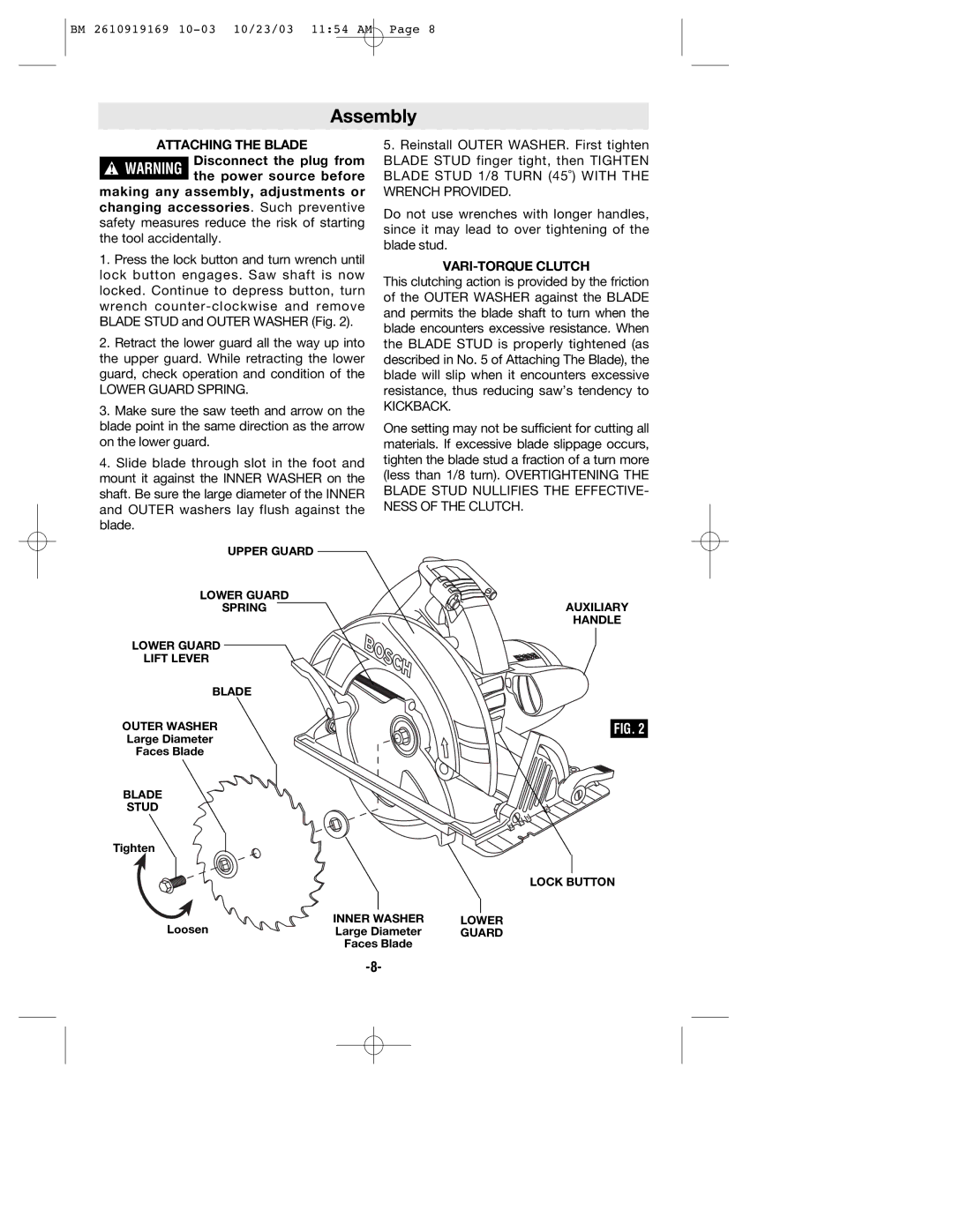 Bosch Power Tools CS20 manual Assembly, VARI-TORQUE Clutch 