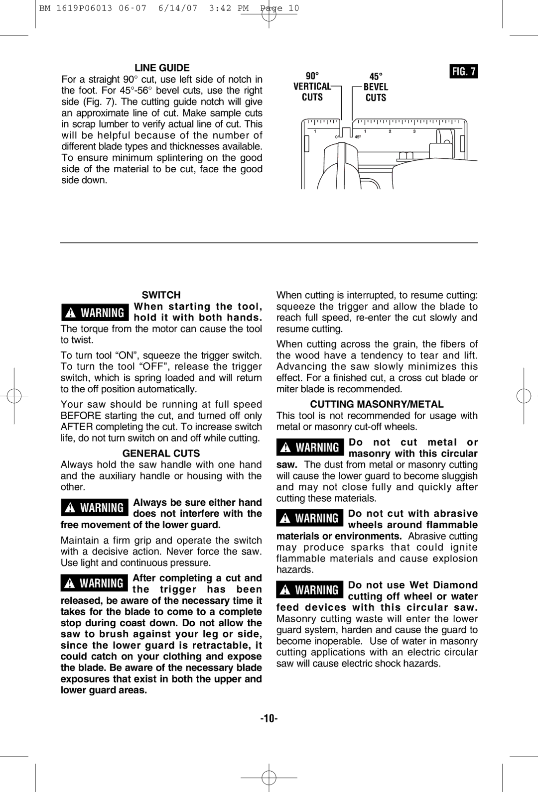 Bosch Power Tools CS5 manual Line Guide, Switch, General Cuts, Cutting MASONRY/METAL 