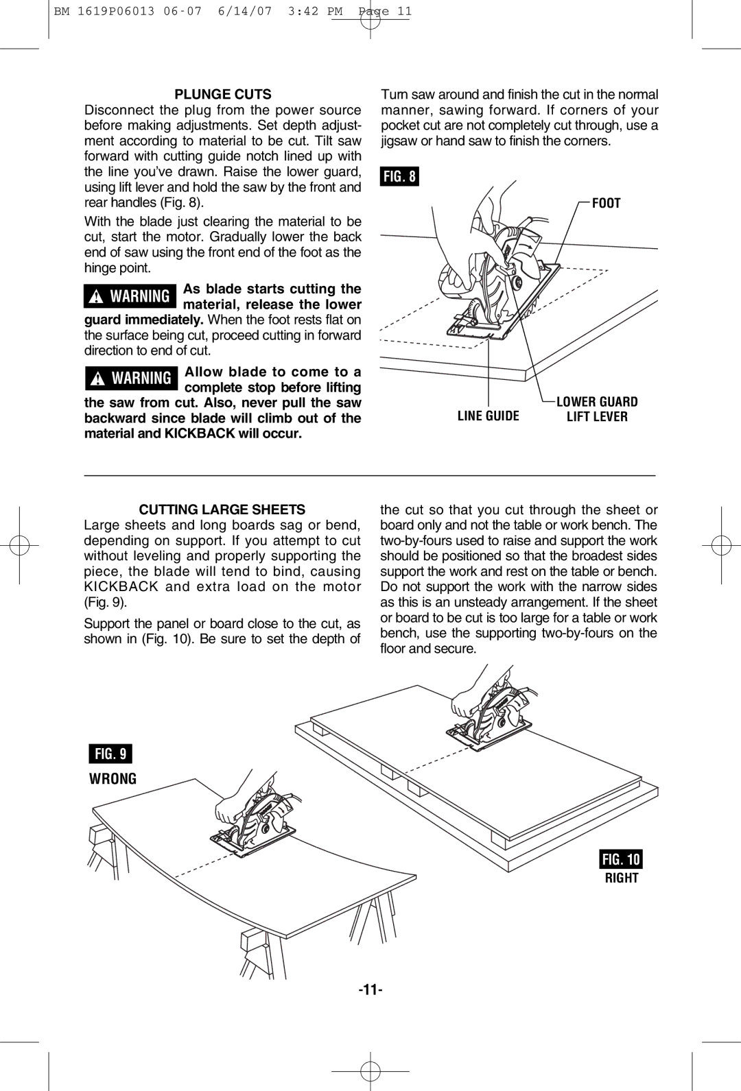 Bosch Power Tools CS5 manual Plunge Cuts, Cutting Large Sheets, Right 