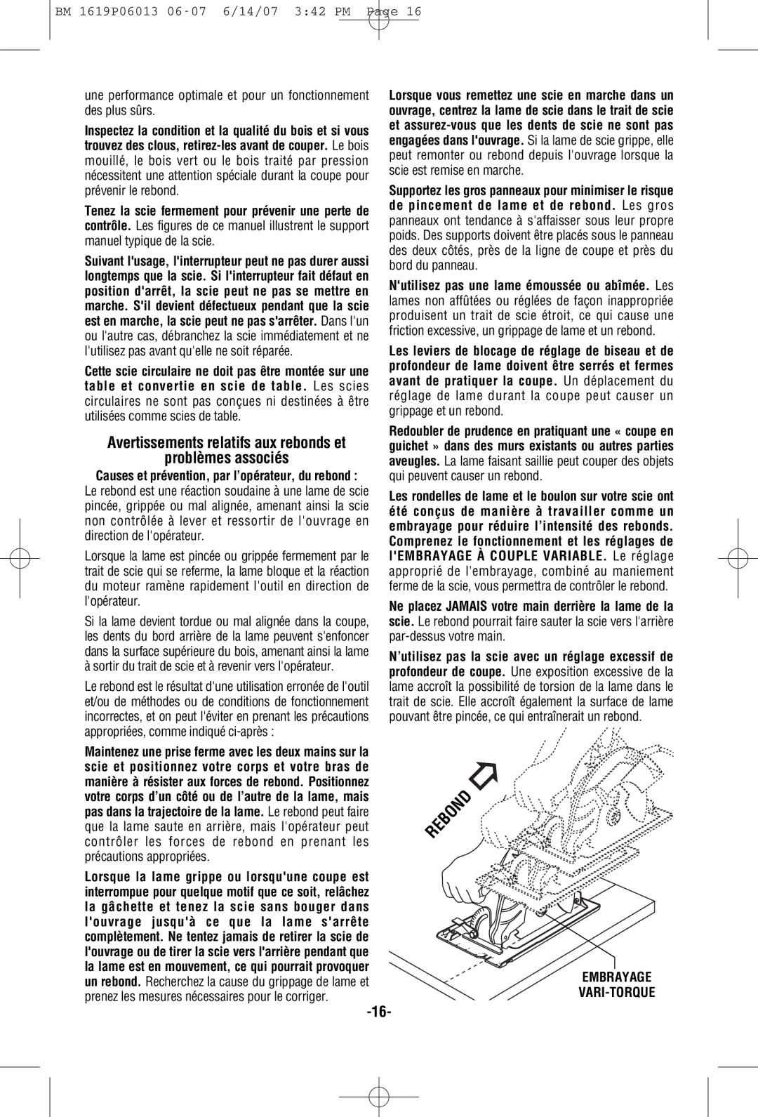 Bosch Power Tools CS5 manual Problèmes associés, Embrayage VARI-TORQUE 