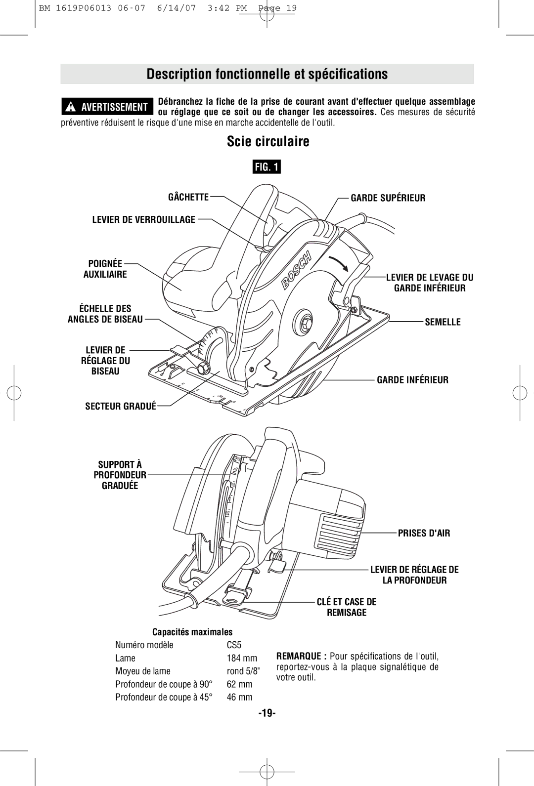 Bosch Power Tools CS5 manual Description fonctionnelle et spécifications, Scie circulaire, Capacités maximales 