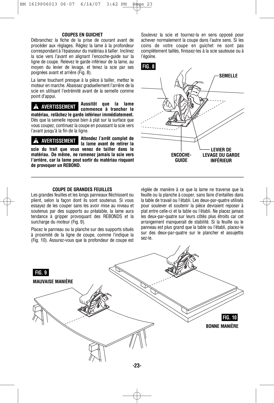 Bosch Power Tools CS5 manual Coupes EN Guichet, La lame, Mauvaise Manière Bonne Manière 