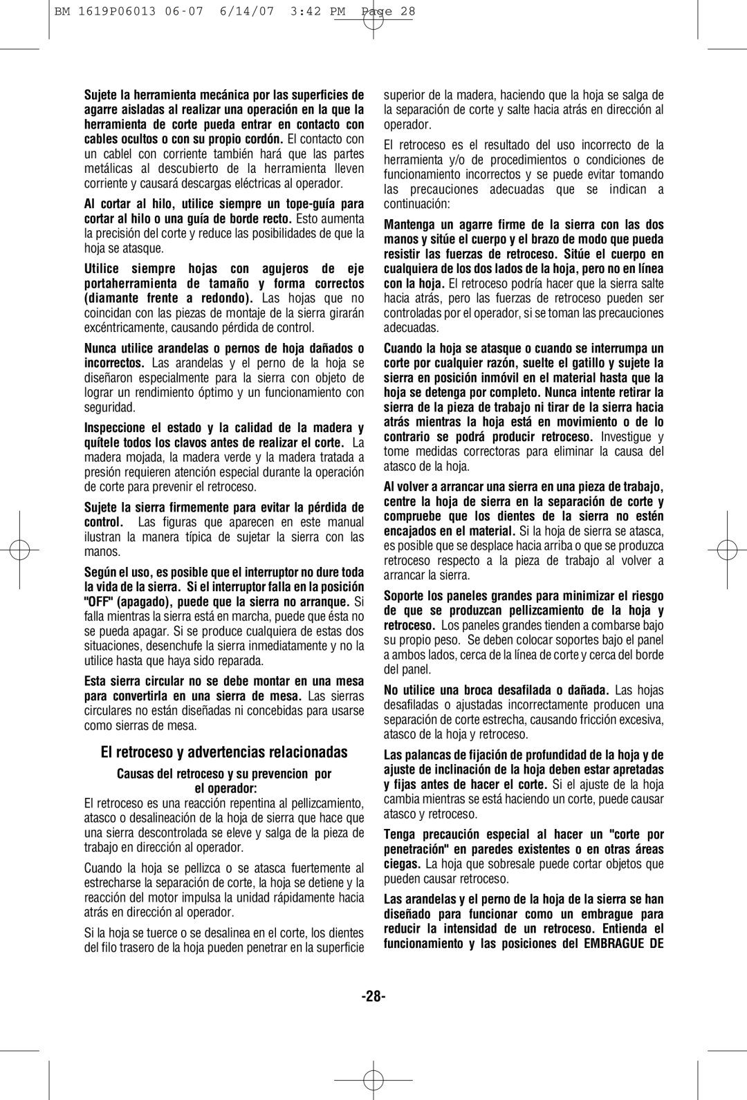 Bosch Power Tools CS5 manual El retroceso y advertencias relacionadas, El operador 