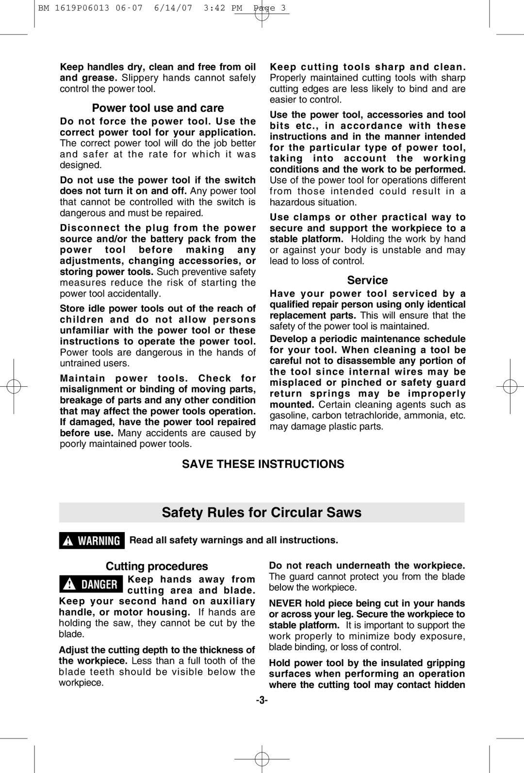 Bosch Power Tools CS5 manual Safety Rules for Circular Saws, Power tool use and care, Service, Cutting procedures 