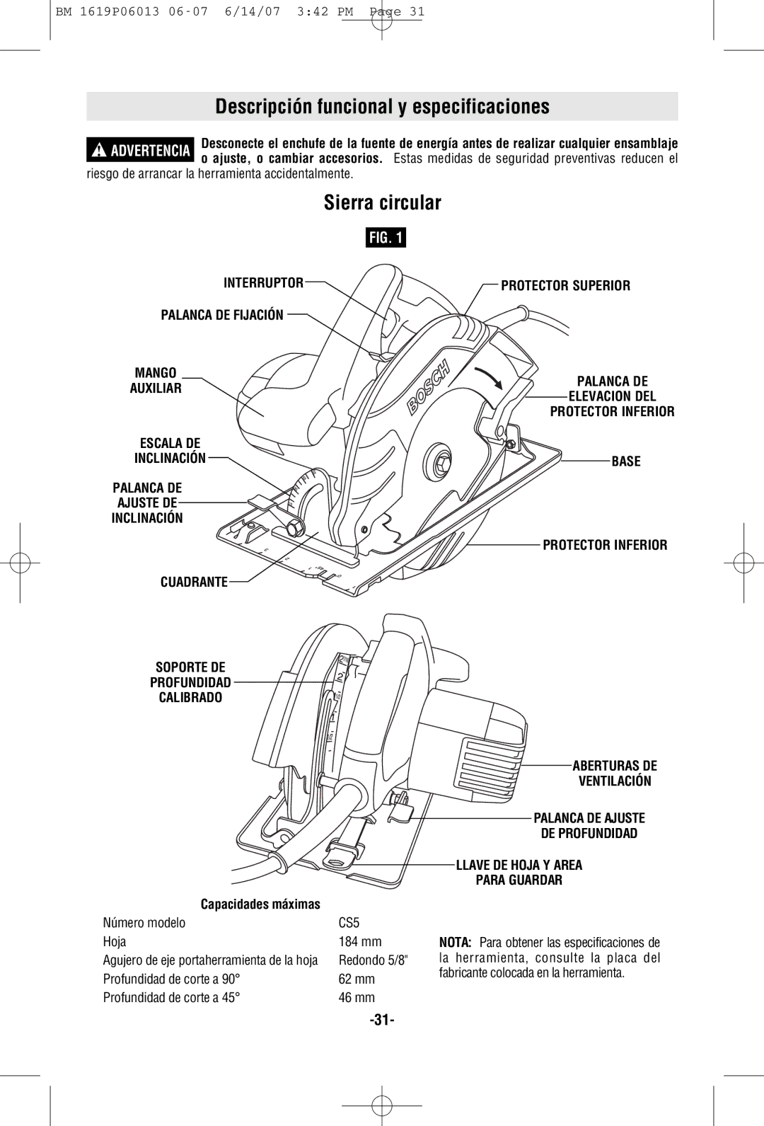 Bosch Power Tools CS5 manual Descripción funcional y especificaciones, Sierra circular 