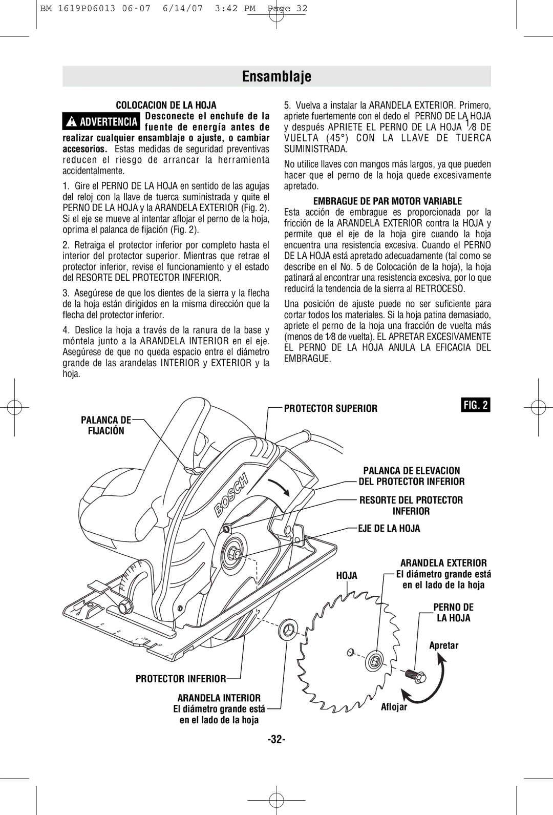 Bosch Power Tools CS5 manual Ensamblaje, Colocacion DE LA Hoja, Embrague DE PAR Motor Variable, EJE DE LA Hoja 