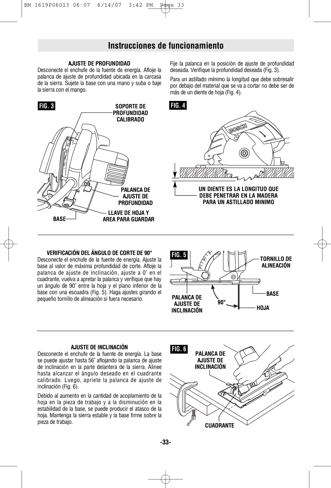 Bosch Power Tools CS5 manual Instrucciones de funcionamiento, Palanca DE Ajuste DE Profundidad Base 