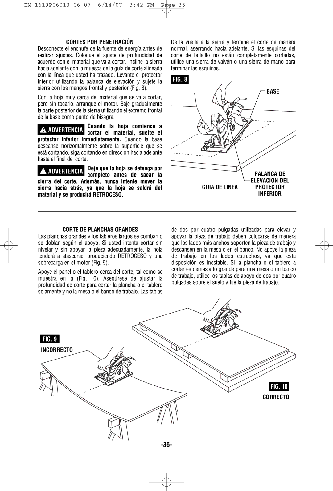 Bosch Power Tools CS5 manual Cortes POR Penetración, Material y se producirá Retroceso, Incorrecto Correcto 