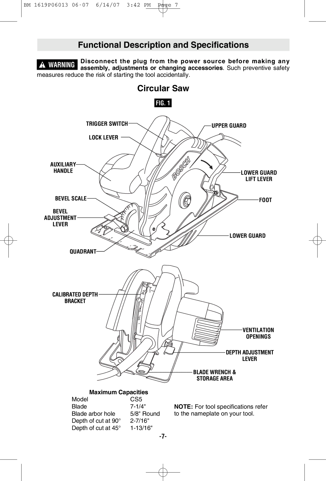 Bosch Power Tools CS5 manual Functional Description and Specifications, Circular Saw, Maximum Capacities 