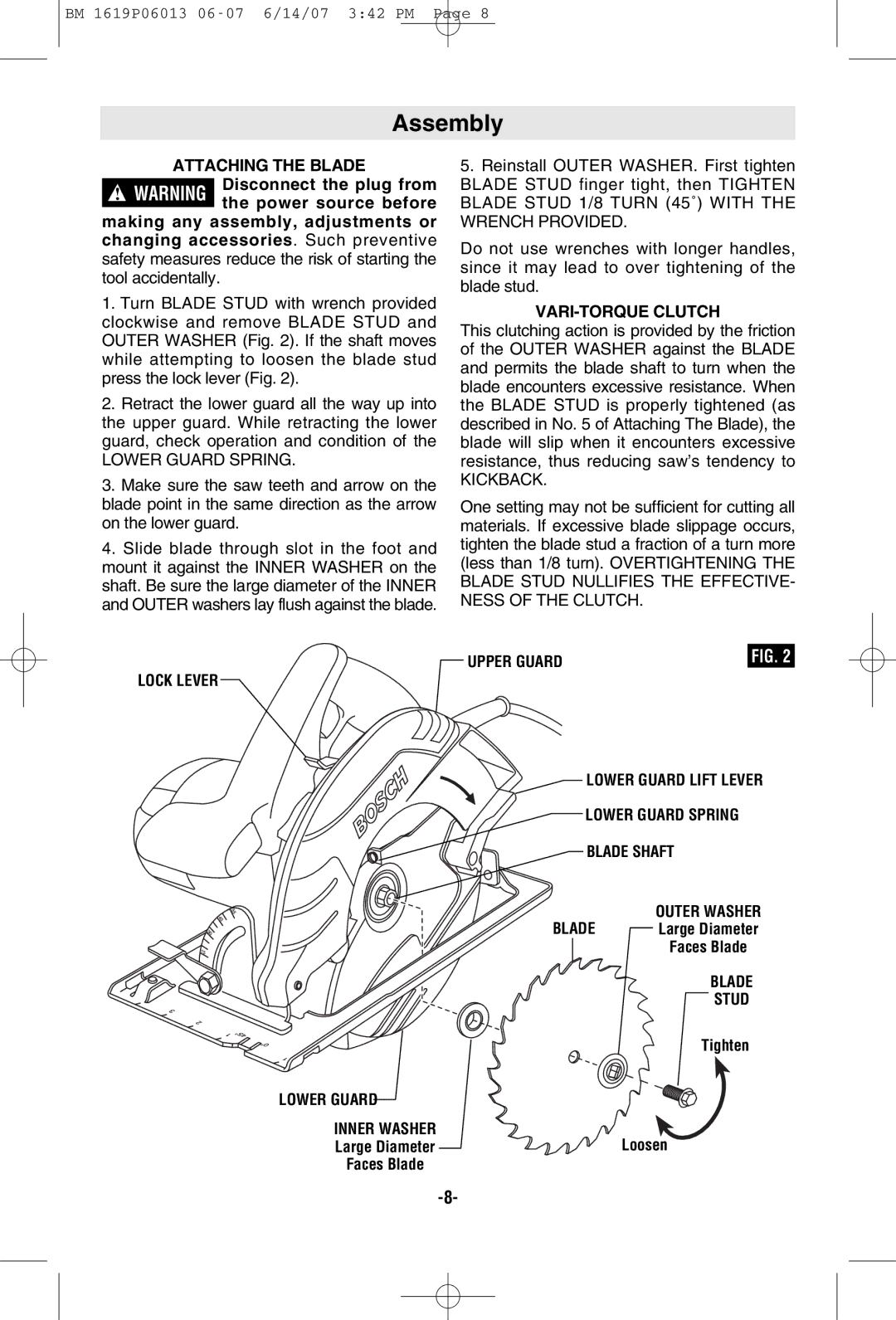 Bosch Power Tools CS5 manual Assembly, Attaching the Blade, VARI-TORQUE Clutch, Blade Stud 