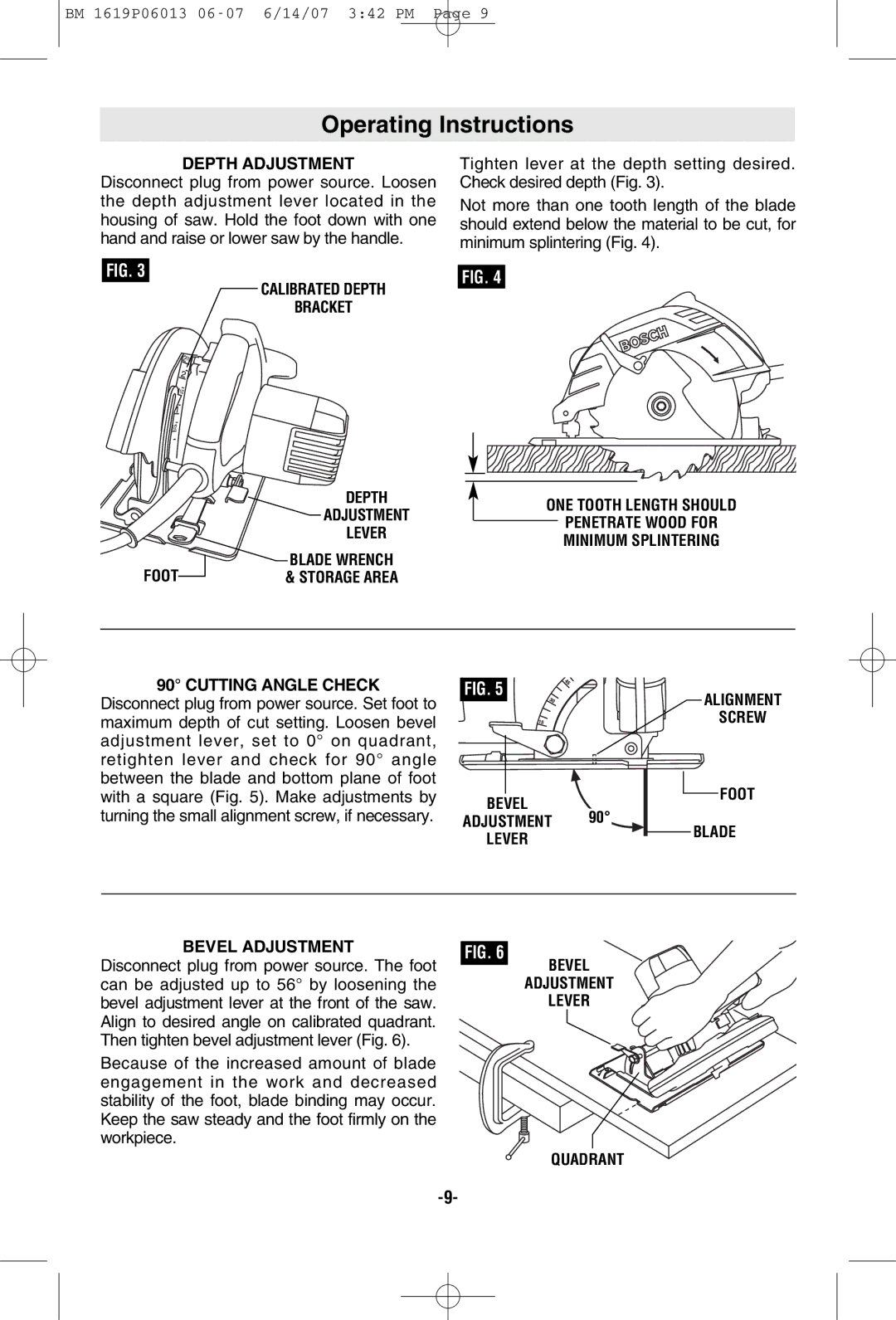 Bosch Power Tools CS5 manual Operating Instructions, Cutting Angle Check, Bevel Adjustment Lever Alignment Screw Foot Blade 