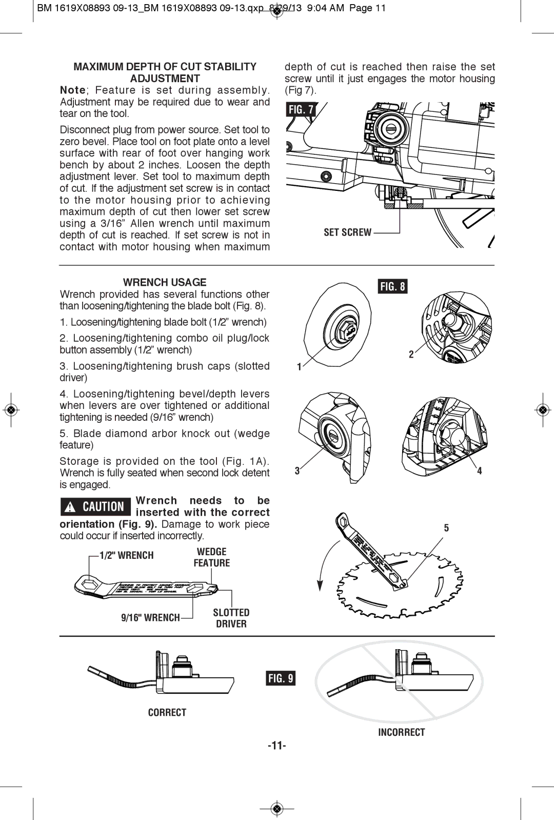 Bosch Power Tools CSW41 manual Maximum Depth of CUT Stability, SET Screw Wrench Usage, Slotted Driver Correct Incorrect 