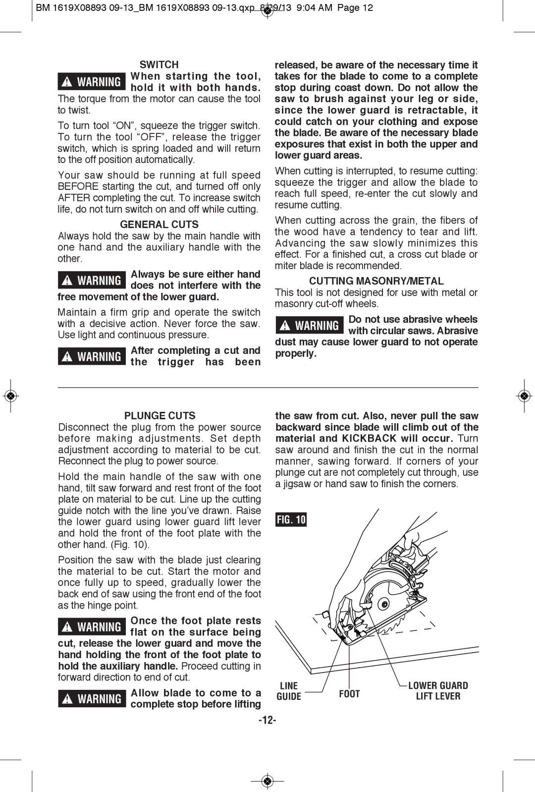 Bosch Power Tools CSW41 manual Switch, General Cuts, Cutting MASONRY/METAL, Plunge Cuts 