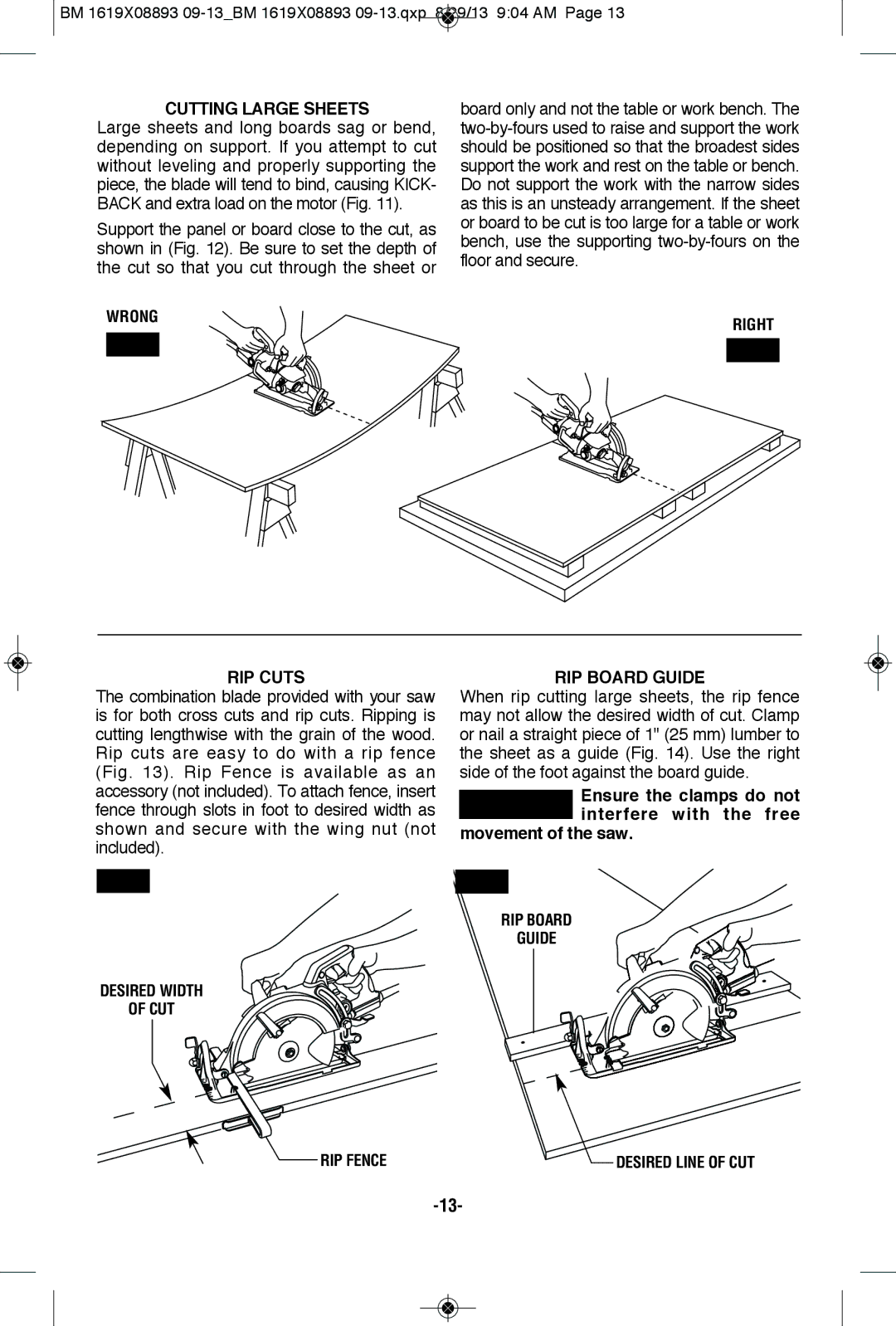 Bosch Power Tools CSW41 manual Cutting Large Sheets, Wrong, Right RIP Cuts, RIP Board Guide 