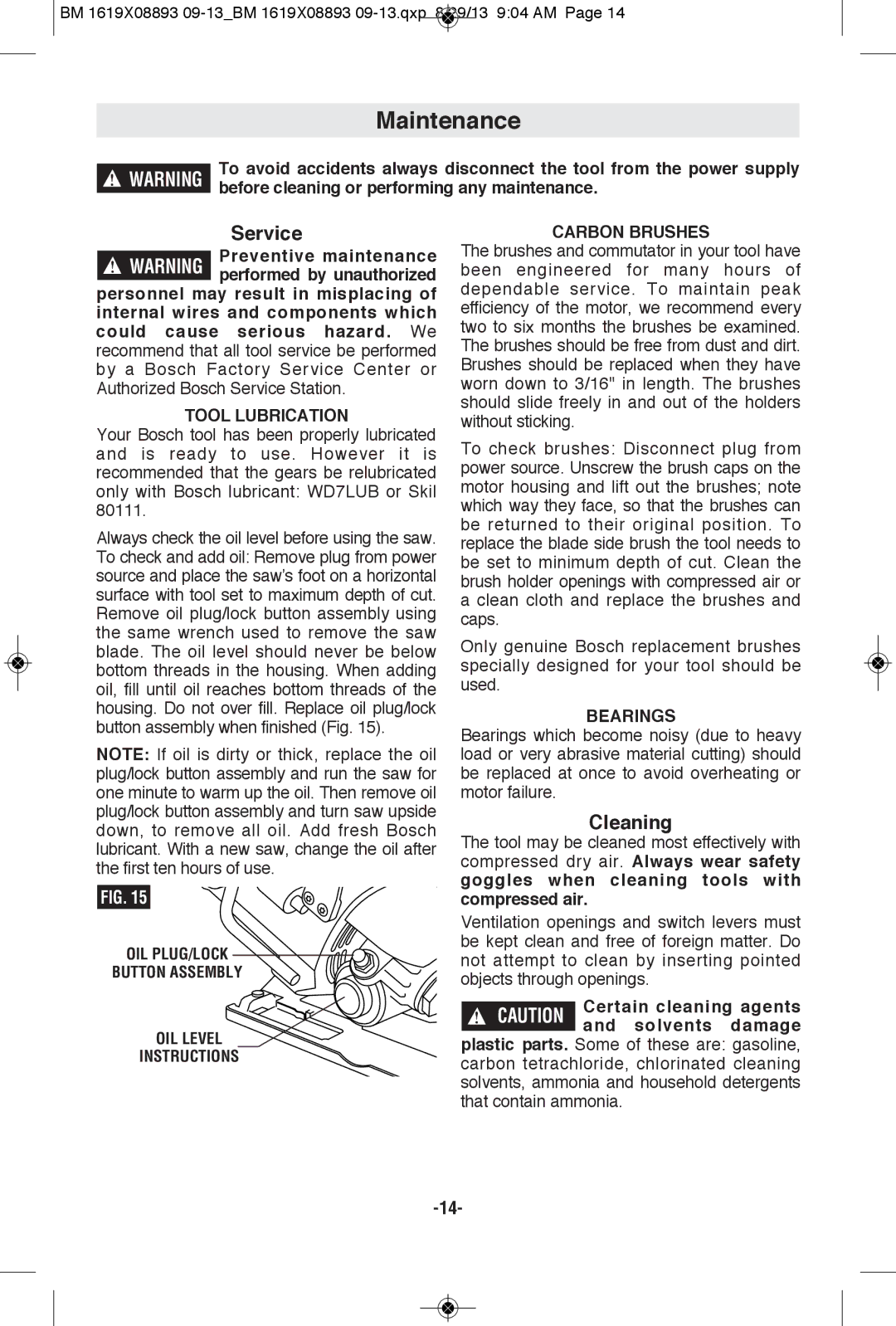 Bosch Power Tools CSW41 manual Maintenance, Cleaning, Preventive maintenance, Tool Lubrication, Bearings 