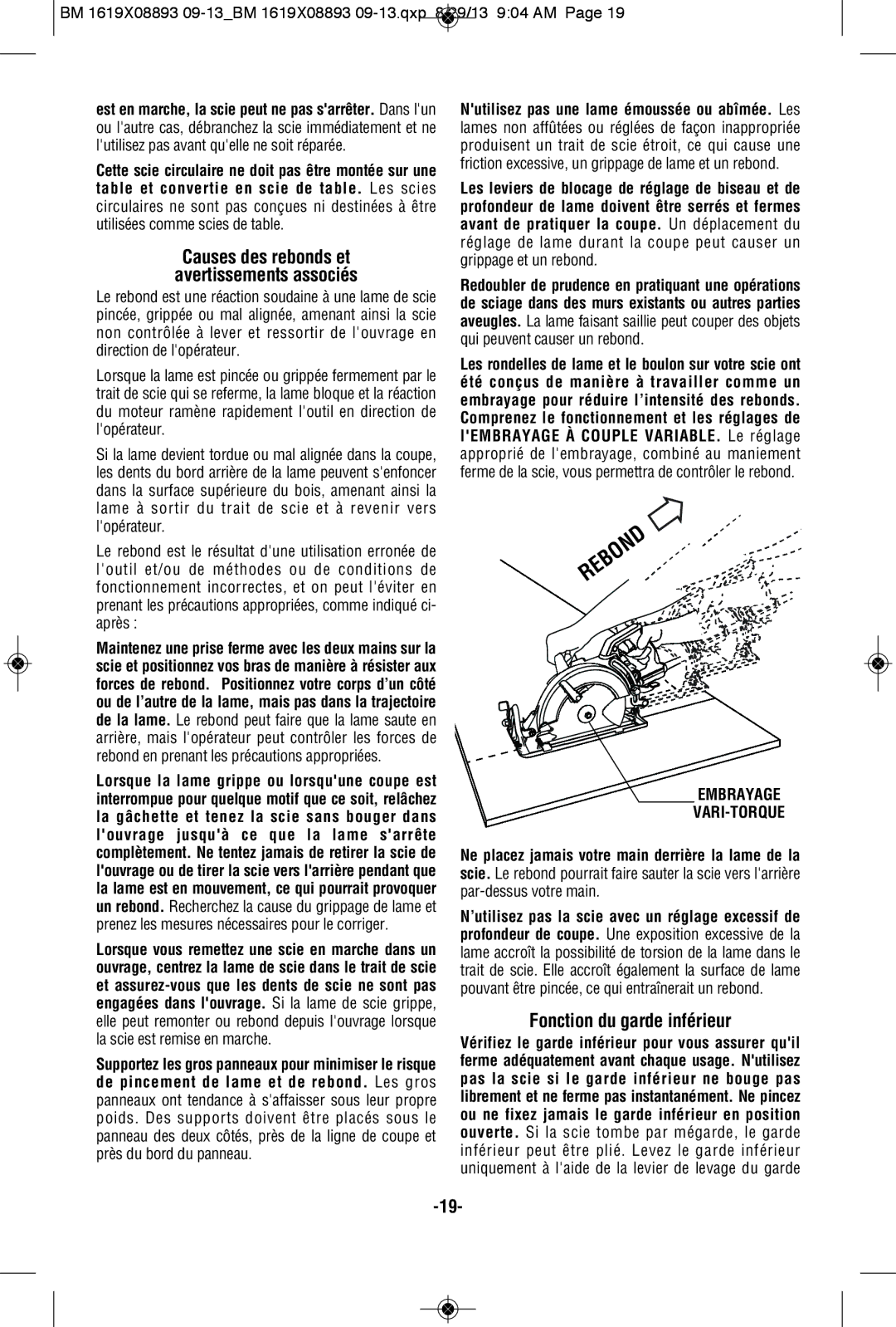 Bosch Power Tools CSW41 manual Fonction du garde inférieur, Embrayage VARI-TORQUE 